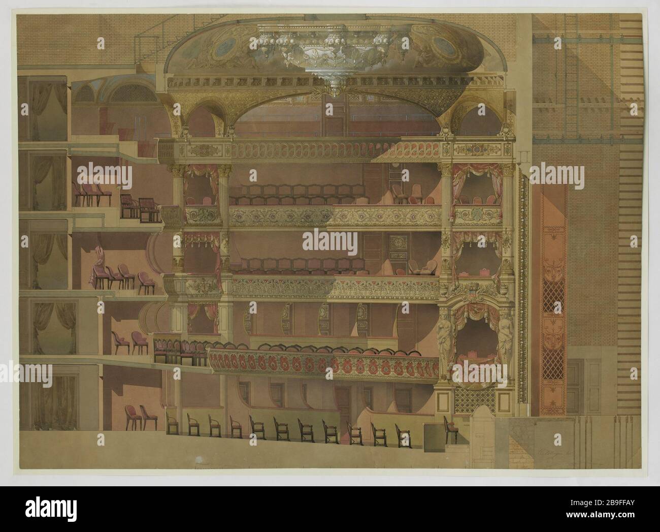 Théâtre du Vaudeville: longitudinal section in elevation of the room ...