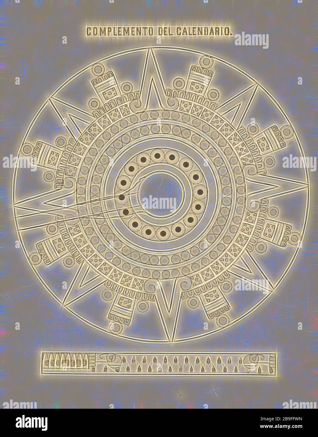 Complemento del calendario, Estudio arqueológico y jeroglífico del Calendario ó gran libro astronómico histórico y cronológico de los antiguos indios, Abadiano, Dionisio, Unknown, 1889, Reimagined by Gibon, design of warm cheerful glowing of brightness and light rays radiance. Classic art reinvented with a modern twist. Photography inspired by futurism, embracing dynamic energy of modern technology, movement, speed and revolutionize culture. Stock Photo