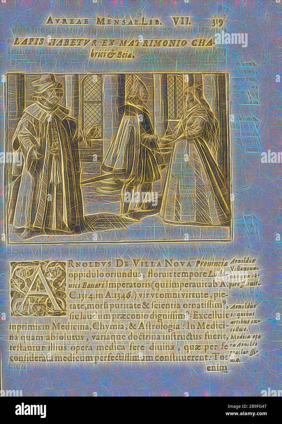 Lapis habetur ex matrimonio Chabrici and Beiae (with text), Symbola avreae mensae dvodecim nationvm, hoc est, Hermaea sev Mercvrii festa ab heroibus duodenu selectu, artis chymicae usu, sapientia and authoritate paribvs celebrata, ad Pyrgopolynicen seu aduersarium illum tot annis iactabundum, Maier, Michael, 1568?-1622, Engraving, letterpress, 1617, Reimagined by Gibon, design of warm cheerful glowing of brightness and light rays radiance. Classic art reinvented with a modern twist. Photography inspired by futurism, embracing dynamic energy of modern technology, movement, speed and revolutioni Stock Photo