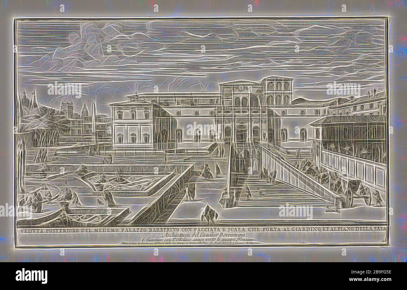 Veduta posteriore del medemo Palazzo Barberino con facciata e scala che porta al giardino et al piano della sala, Il nvovo teatro delle fabriche et edifici in prospettiva di Roma moderna sotto il felice pontificato di N.S. Papa Alessandro VII, Borromini, Francesco, 1599-1667, Falda, Giovanni Battista, ca. 1640-1678, Engraving, 1699, Reimagined by Gibon, design of warm cheerful glowing of brightness and light rays radiance. Classic art reinvented with a modern twist. Photography inspired by futurism, embracing dynamic energy of modern technology, movement, speed and revolutionize culture. Stock Photo