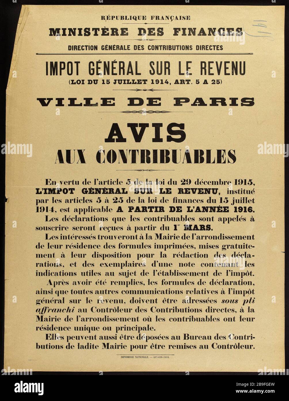 FRENCH REPUBLIC MINISTRY OF FINANCE GENERAL DIRECTORATE OF DIRECT CONTRIBUTIONS GENERAL TAX INCOME (LAW OF 15 JULY 1914, ART. 5 25) VILLE DE PARIS, NOTICE TO TAXPAYERS Imprimerie Nationale. République française. Ministère des Finances, direction générale des contributions directes, Impôt général sur le revenu (loi du 15 juillet 1914, art. 5 A 25), Ville de Paris, Avis aux contribuables. Typographie. 1916. Paris, musée Carnavalet. Stock Photo