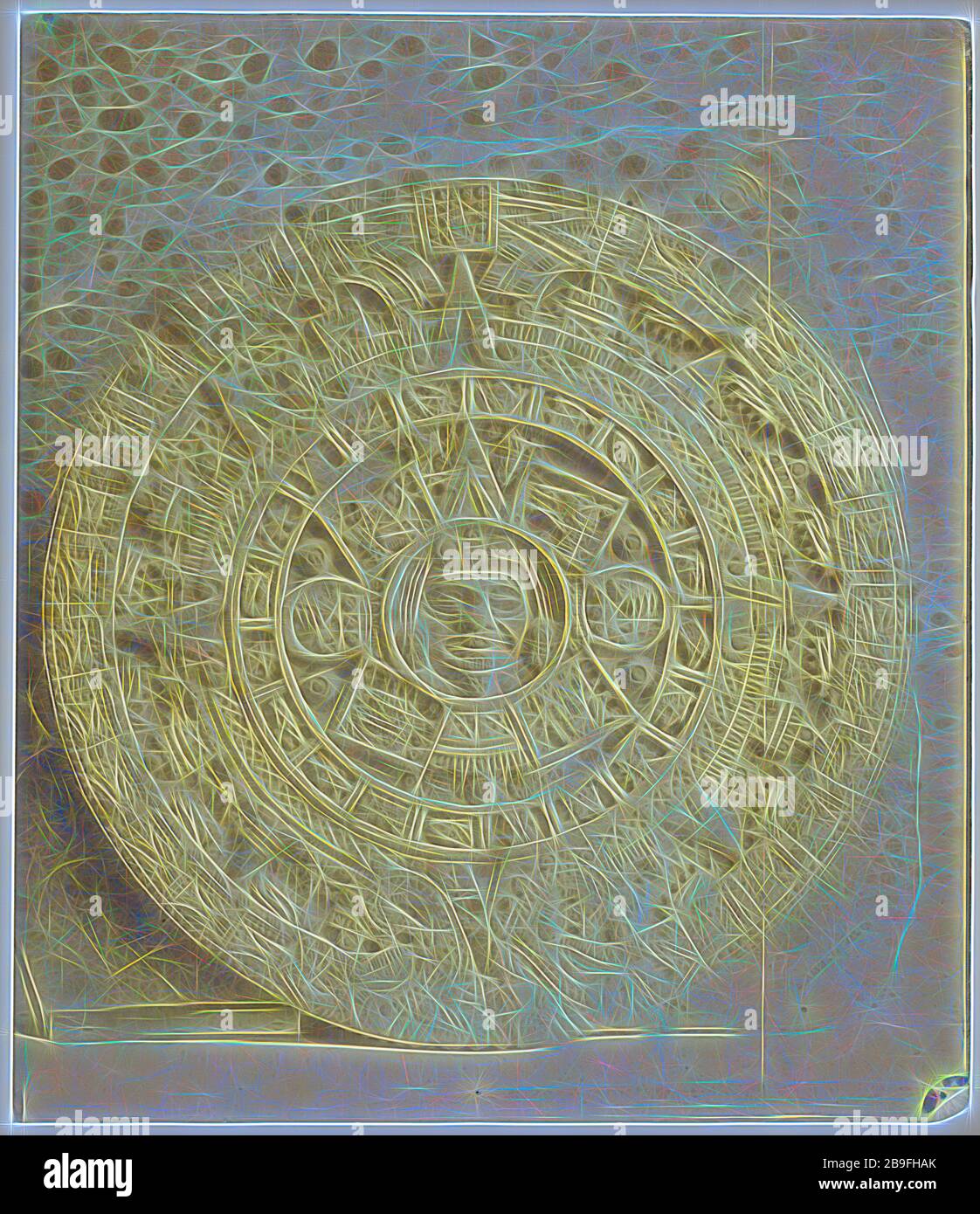 Abadiano's cast of the Aztec calendar stone, Estudio arqueológico y jeroglífico del Calendario ó gran libro astronómico histórico y cronológico de los antiguos indios, Abadiano, Dionisio, Unknown, Albumen print, 1889, Reimagined by Gibon, design of warm cheerful glowing of brightness and light rays radiance. Classic art reinvented with a modern twist. Photography inspired by futurism, embracing dynamic energy of modern technology, movement, speed and revolutionize culture. Stock Photo