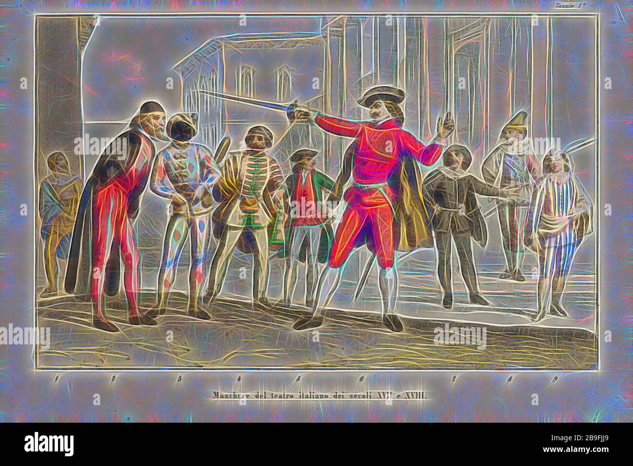 Maschera del teatro italiano dei secoli xvii e xviii tavola 1a, Italian theater prints, Reimagined by Gibon, design of warm cheerful glowing of brightness and light rays radiance. Classic art reinvented with a modern twist. Photography inspired by futurism, embracing dynamic energy of modern technology, movement, speed and revolutionize culture. Stock Photo