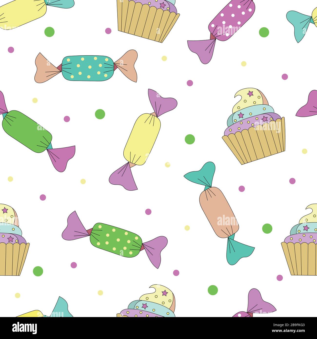 cute cartoon stylized color delicious mouth- watering cupcakes and multi- colored candies on a white background, isolated, seamless vector pattern. Stock Vector