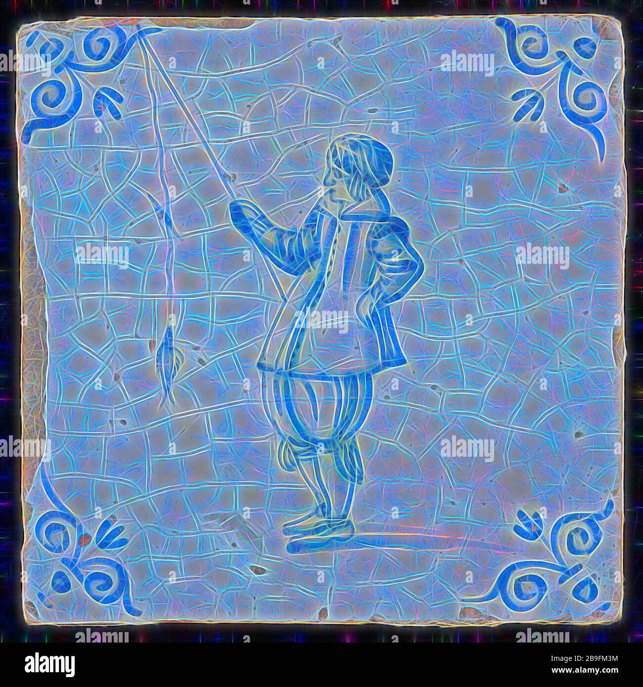 Figure tile, blue with man with fishing rod with fish, corner motif of ...