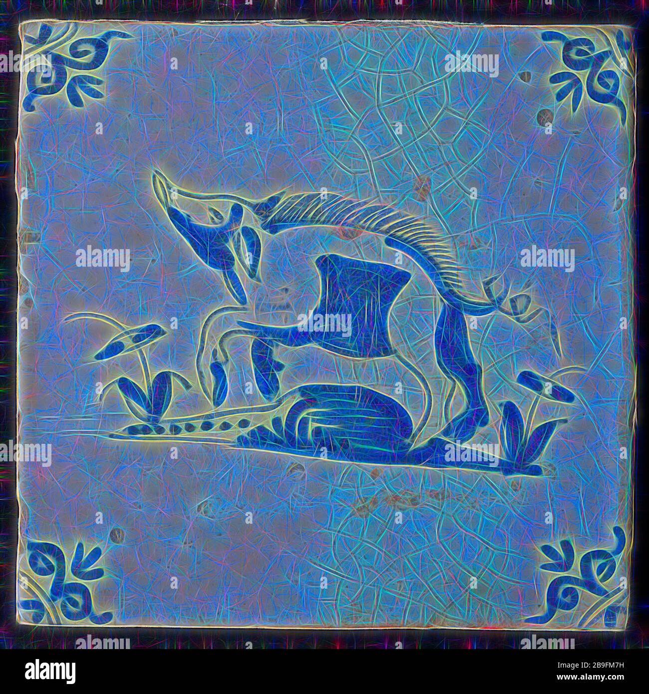 Animal tile, jumping boar to the left on piece of land, in blue on