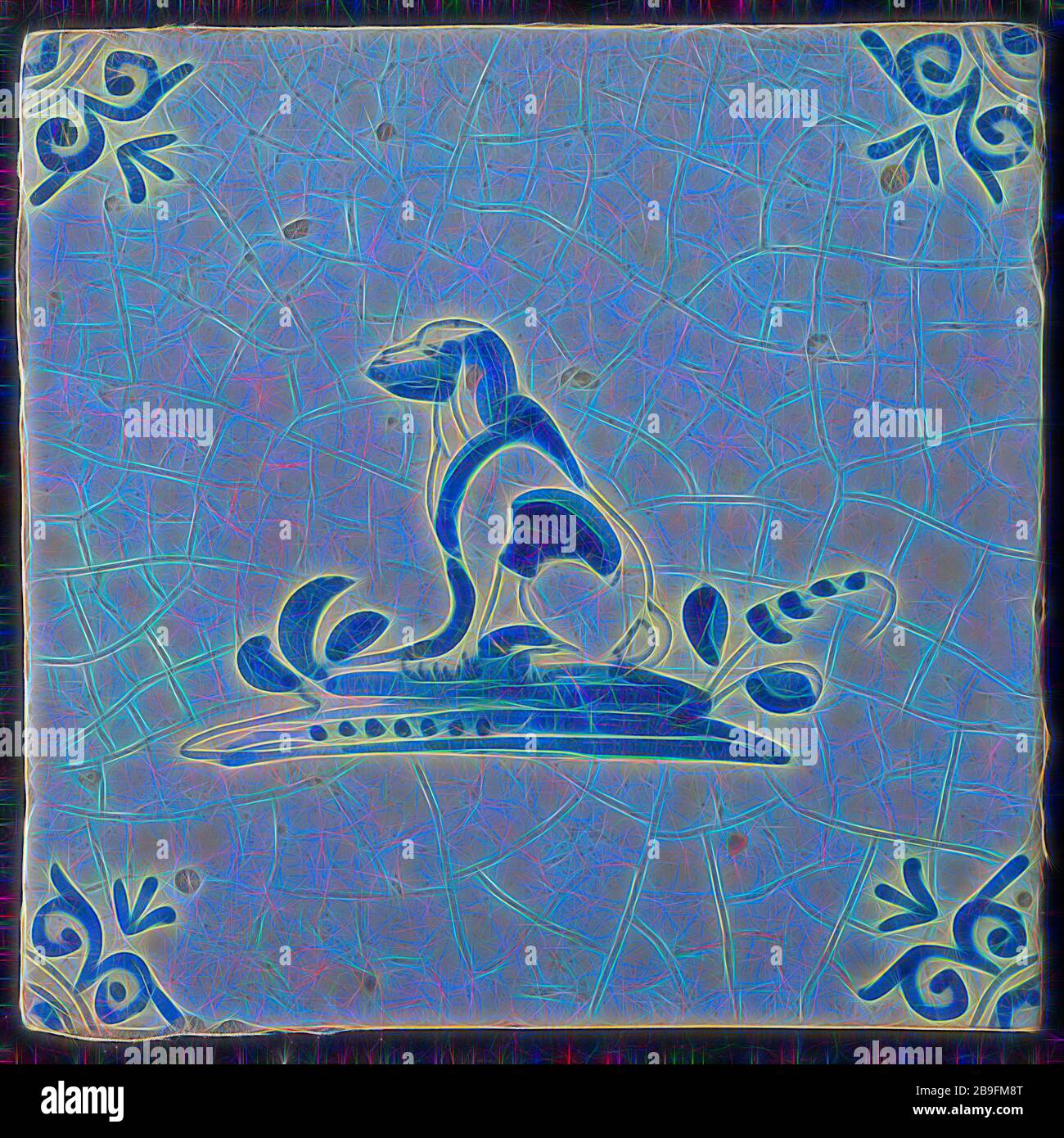 Animal tile, sitting dog to the left on plot, in blue on white, corner