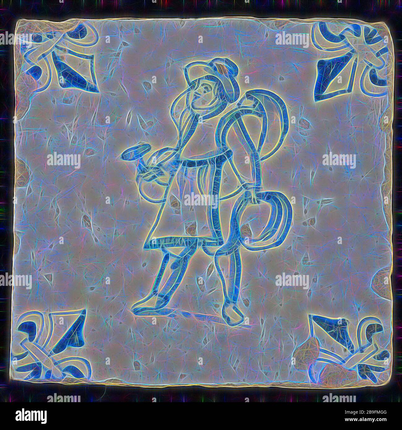 Figure tile, blue with brazier, man with hammer and various pots on the arms, corner motif lily, wall tile tile sculpture ceramic earthenware glaze, baked 2x glazed painted copper bearing Stock Photo