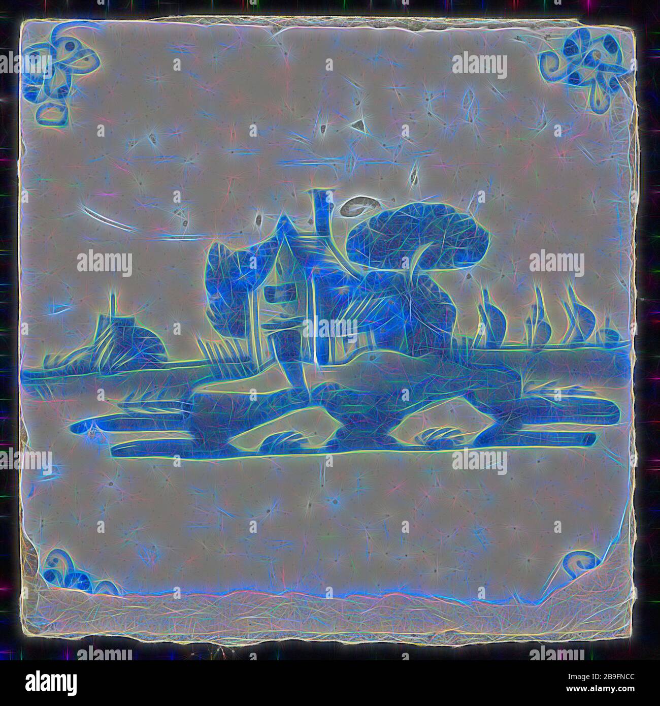 Scene tile, blue with landscape with houses, corner motif spider, wall tile tile footage ceramic earthenware glaze, baked 2x glazed painted Bellevue Rotterdam Hillegersberg-Schiebroek Hillegersberg Zuid Kleiweg Originating from the former Huize Bellevue Kleiweg 427 Rotterdam Stock Photo