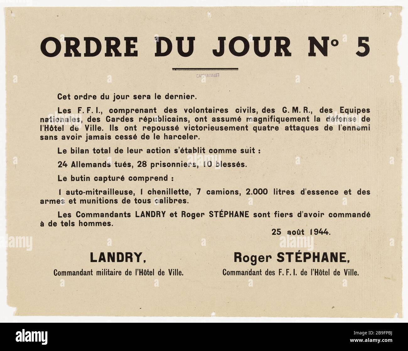 Agenda No. 5, this agenda will be the last. Guerre 1939-1945. Libération de Paris. Roger Stéphane (1919-1994), Landry.  Affiche 'Ordre du jour n° 5', dernier ordre du jour présentant le bilan des F.F.I. (Forces Françaises de l'Intérieur) sur la défense de l'Hôtel de Ville. Typographie, 1944. Paris, musée Carnavalet. Stock Photo