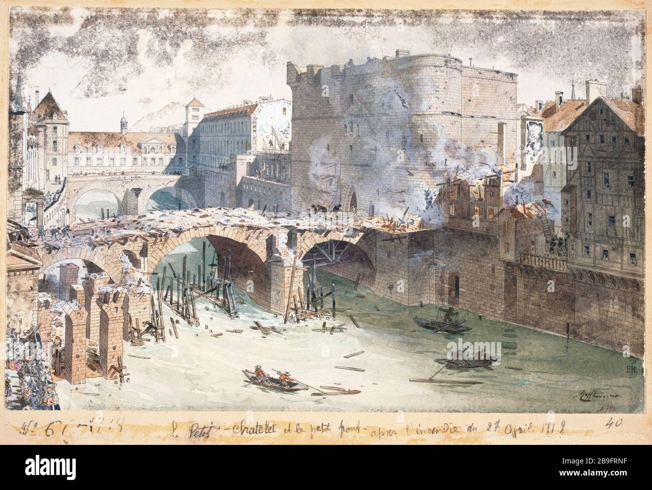 The Little Chatelet And The Petit Pont After The Fire Of April 27 1718 Theodor Josef Hubert Hoffbauer 19 1922 Le Petit Chatelet Et Le Petit Pont Apres L Incendie Du 27 Avril 1718 Dessin Paris Musee