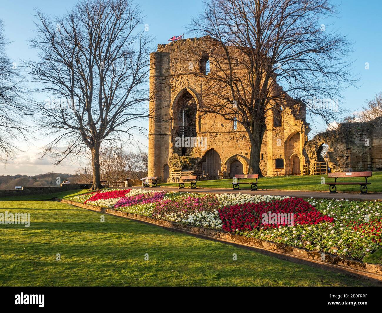 Spring flowers in front of the Kings Tower at Knaresborough Castle at