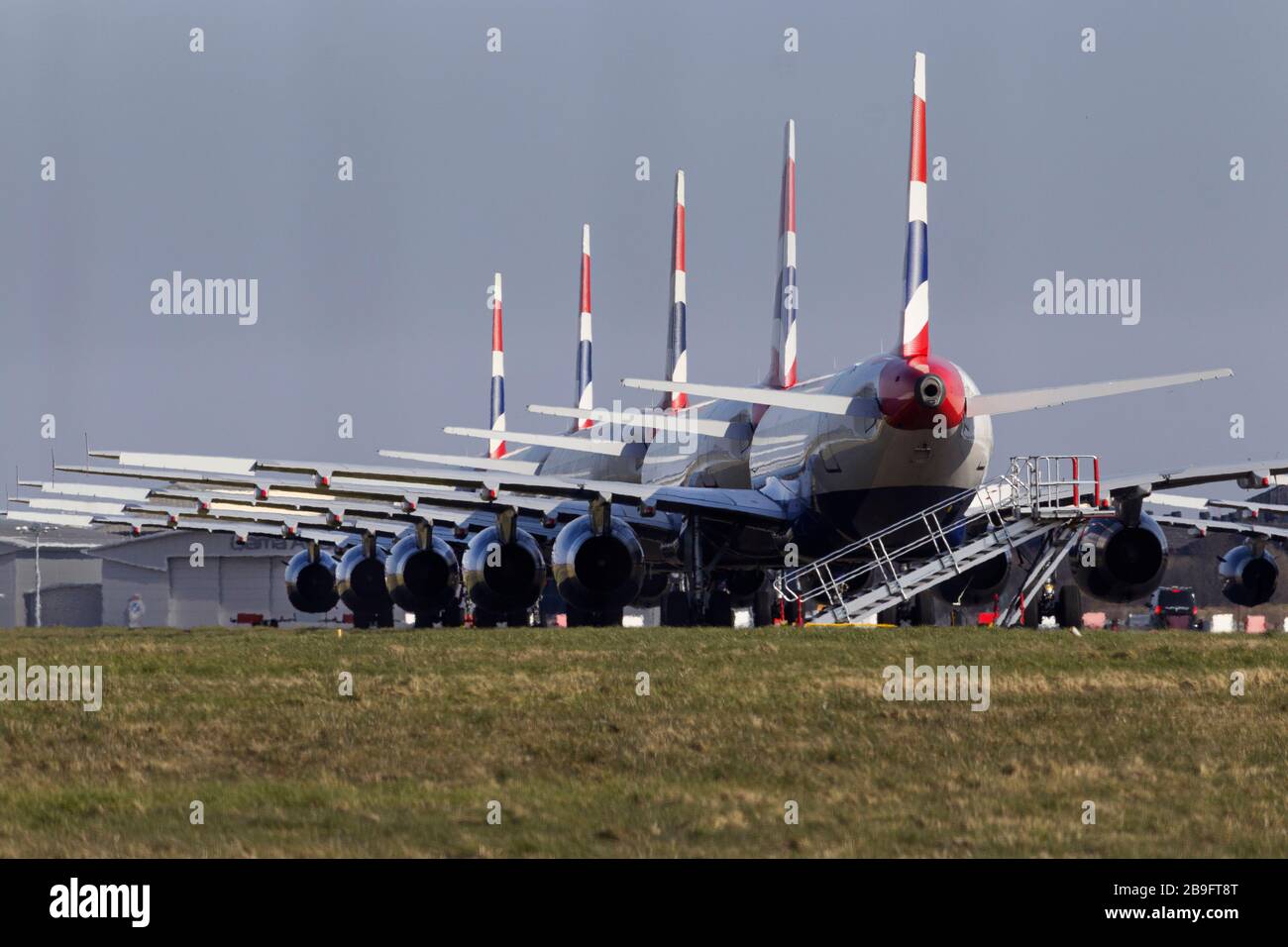 British Airways A320 family parked up at Glasgow Airport during the Coronavirus pandemic Stock Photo