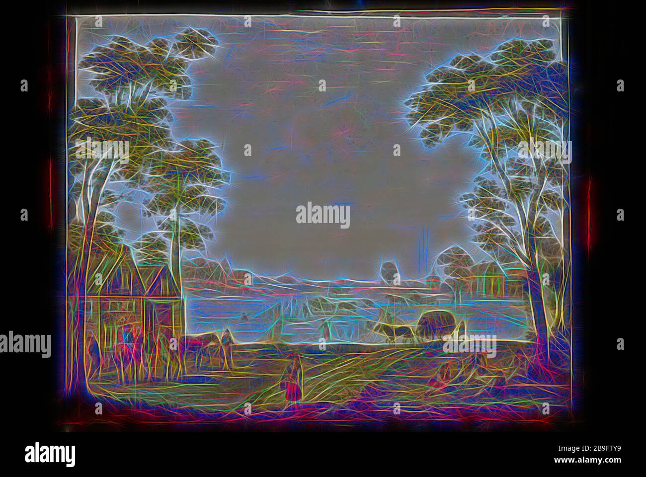 Perspective cupplate with two painted glass plates, landscape with inn