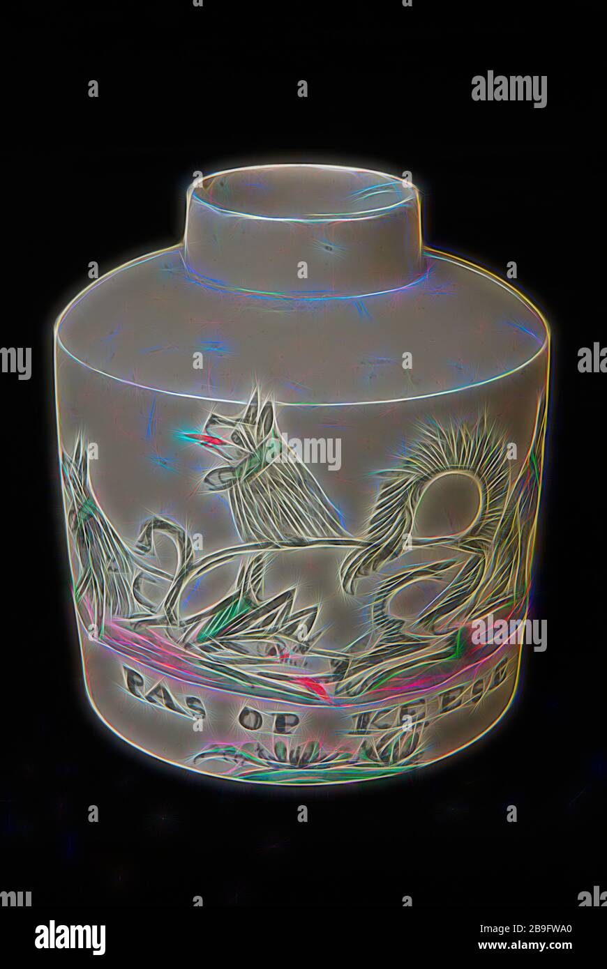 White Tea Canister With Four Dogs In Black And Green And Pas Op Keese Tea Caddy Holder Ceramic Earthenware Glaze Baked Painted Glazed Cylindrical Oblique Shoulder Straight Short Neck Wall Outside Three