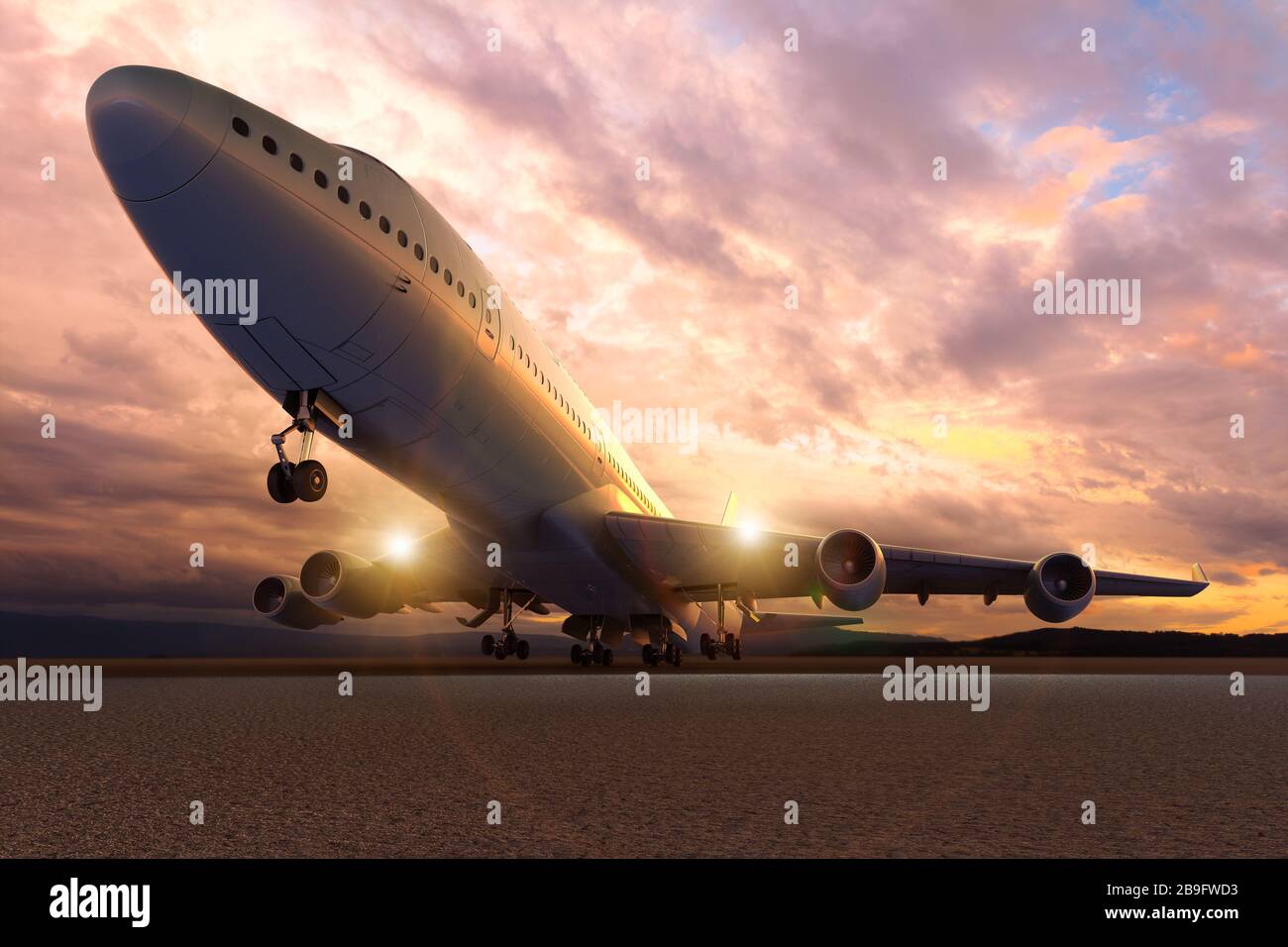 3D rendering of an airplane take-off / Landing at sunset Stock Photo