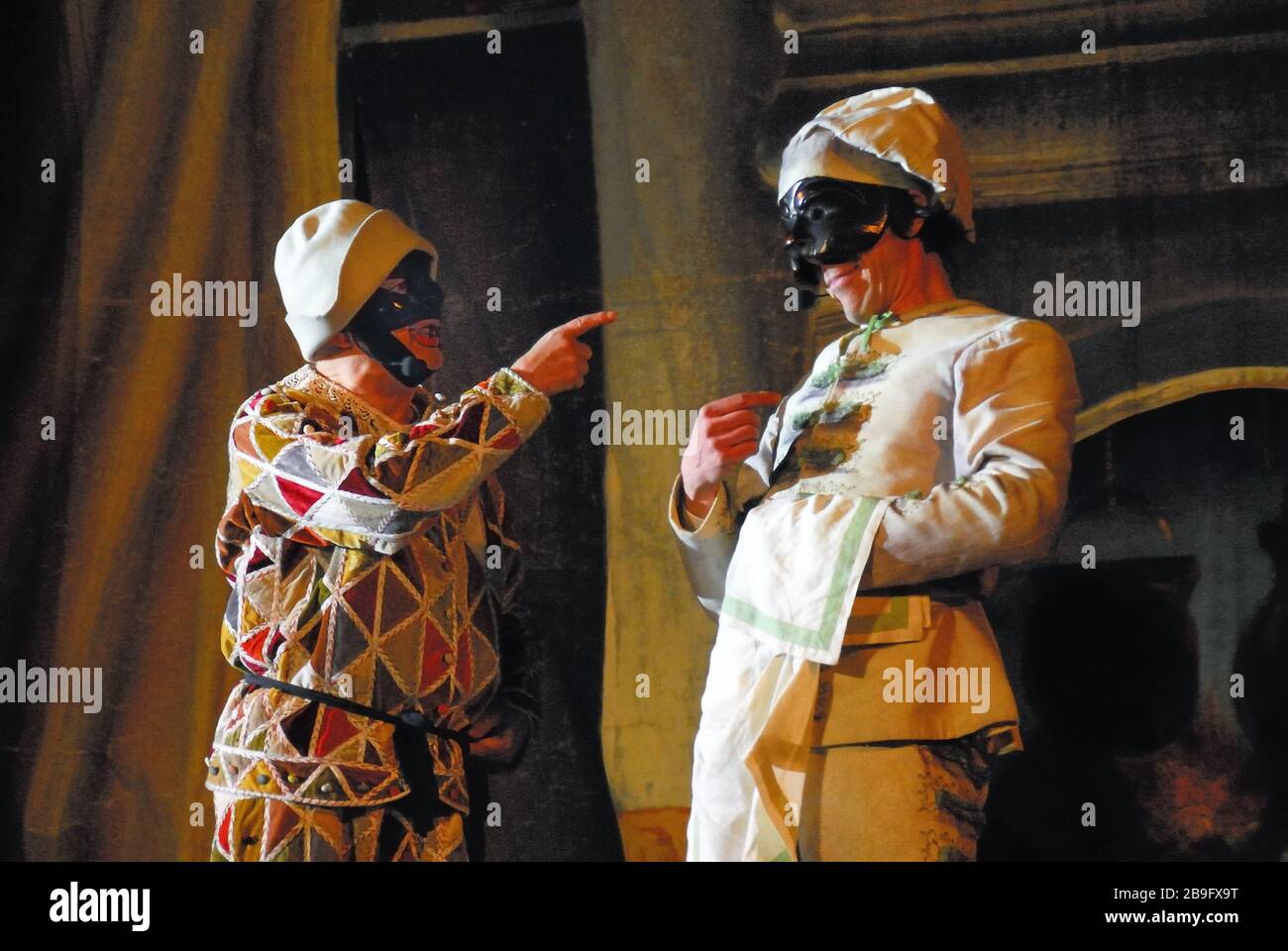 Venice carnival 2010. The theater company of Ferruccio Soleri performs  Harlequin  in  the commedy The Servant of Two Masters by the Venetian playwright Carlo Goldoni written in 1746. Commedia dell' arte. Stock Photo