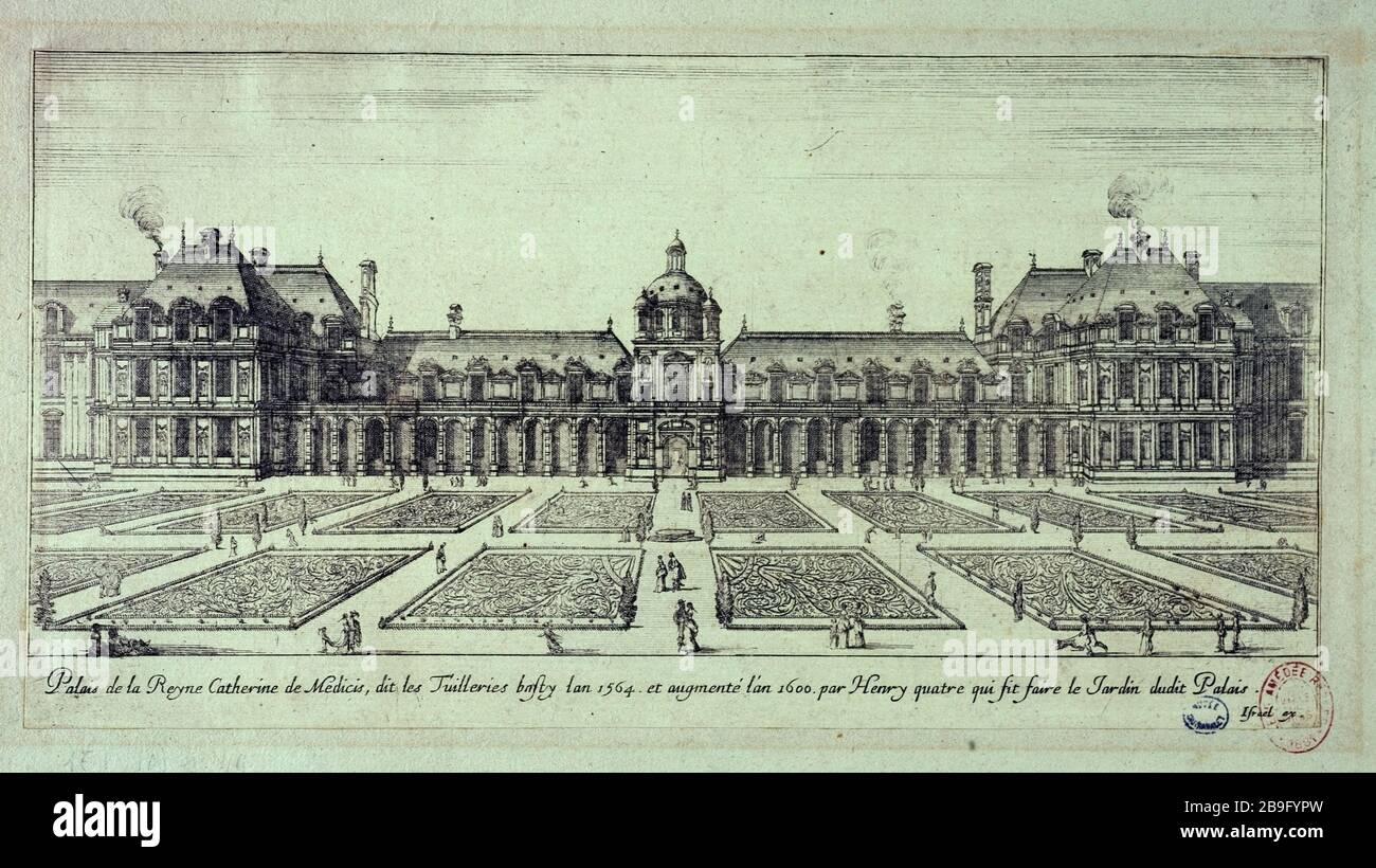 PALACE OF CATHERINE OF MEDICI QUEEN SAYS THE YEAR BUILT TUILERIES 1564 CURRENT 1st district, PARIS. (TITLE DUMMY) Israël Silvestre (1621-1664), Stefano della Bella, dit de la Belle Etienne (1610-1664), Jean Marot (1619-1679) et Israël Henriet (1590-1661). 'Palais de la Reine Catherine de Medicis, dit les Tuileries bâti l'an 1564, actuel Paris (Ier arr,). Eau-forte, 1650-1655. Paris, musée Carnavalet. Stock Photo