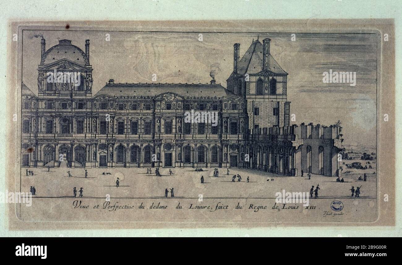 LOUVRE PALACE, HOUSE CLOCK, CURRENT 1st district, PARIS. (TITLE DUMMY) Israël Silvestre (1621-1664), Stefano della Bella, dit de la Belle Etienne (1610-1664), Jean Marot (1619-1679) et Israël Henriet (1590-1661). 'Palais du Louvre, pavillon de l'Horloge, actuel Paris (Ier arr.)'. Eau-forte, 1650-1655. Paris, musée Carnavalet. Stock Photo