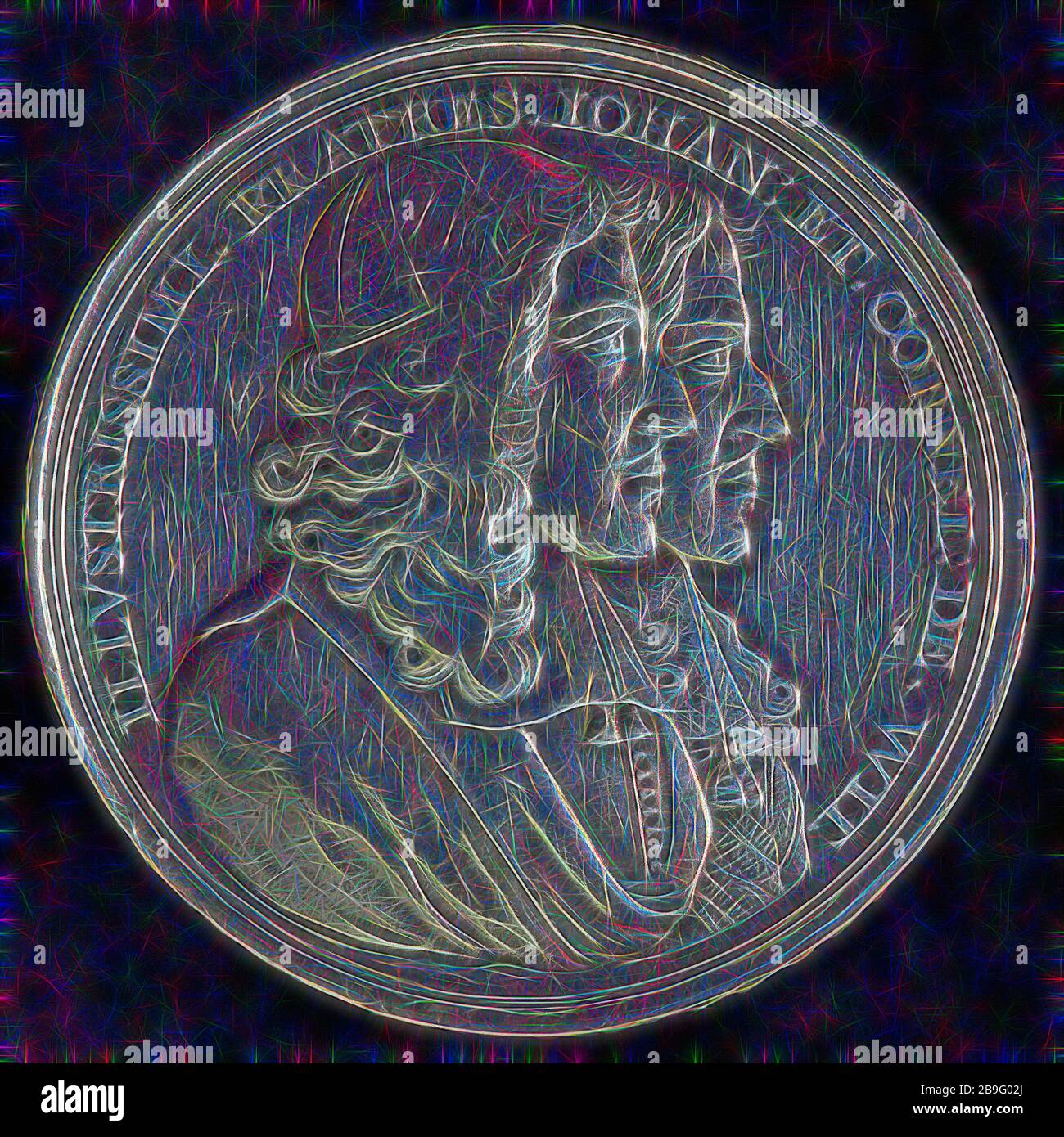 Medal on the murder of the De Witt brothers, penning footage silver, busts Johan and Cornelis de Witt to the right, omschrift ILLVSTRISSIMI. FRATRES. IOHAN: ET. CORNEL: DE. WHITE. (the very enlightened brothers Johan and Cornelis de Witt) murdered De Witt Stock Photo