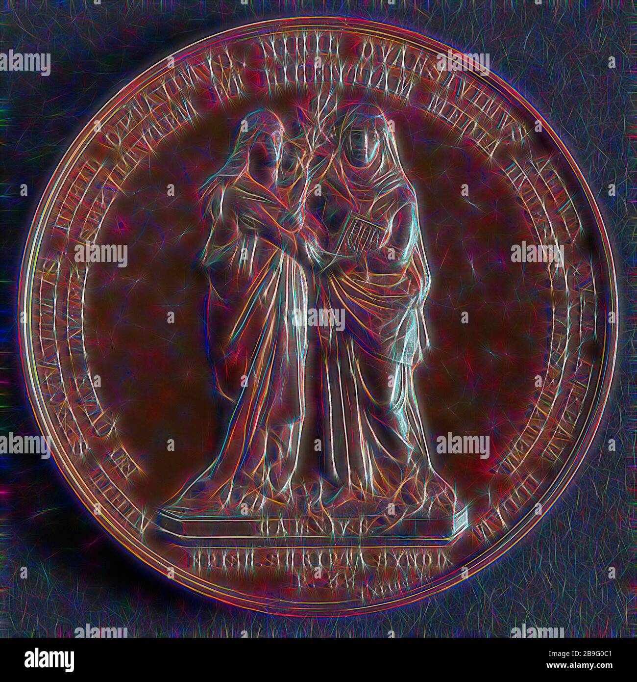 J. Elion, Medal on the 250th anniversary of the Remonstrant Brotherhood in Rotterdam, medallion medal bronze, two symbolic female figures with book on which BIBLIA SACRA and lily branch in hand; broken at its feet buoys, NIHIL SPECTAVIMVS NIHIL OPTAVIMVS NIHIL QVAESIVIMVS ALIVD QVAM AVREAM ILLAM (omschrift outside) ET QVAE INTER SERVITVTEM ET LICENTIAM MEDIA INTEREST LIBERTATEM. (signature inside) GAL: V: 6 (on pedestal) Rotterdam W. van Rede Collection W from Rede Rotterdam Stock Photo