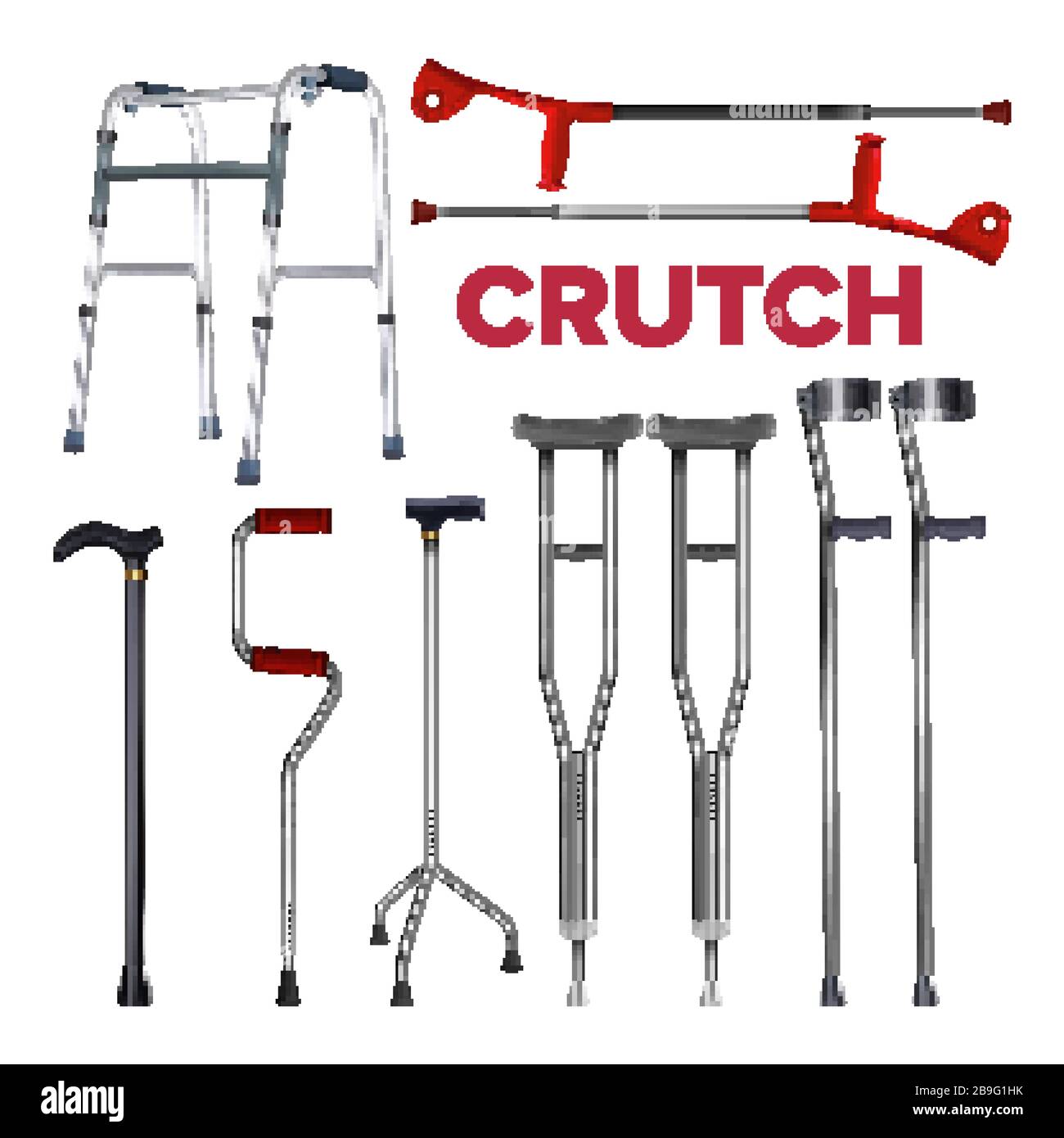 Crutches And Walking Stick Collection Set Vector Stock Vector Image