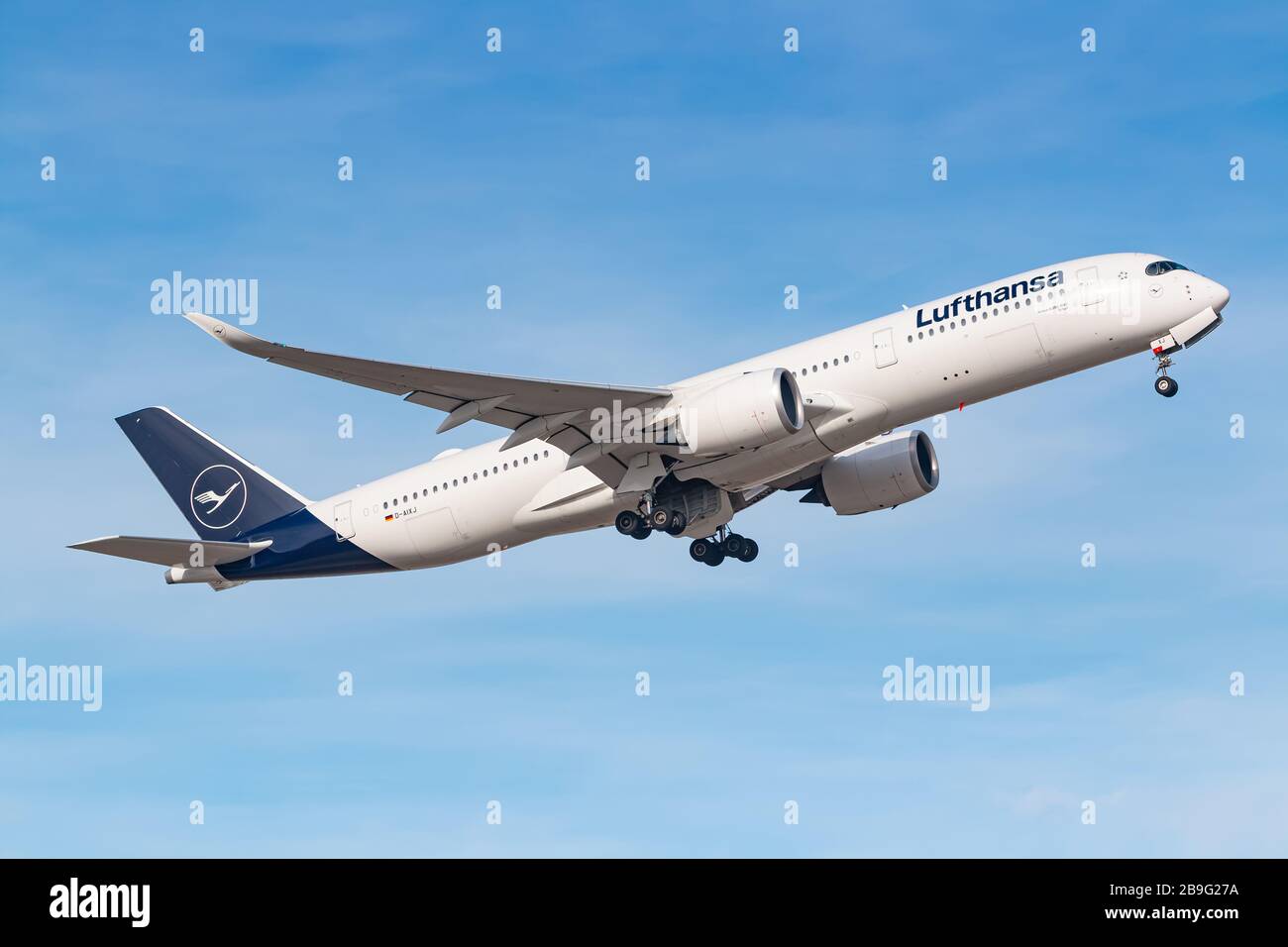Munich, Germany - Feburary 15, 2020: Lufthansa Airbus A350 airplane at Munich airport (MUC) in Germany. Airbus is an aircraft manufacturer from Toulou Stock Photo
