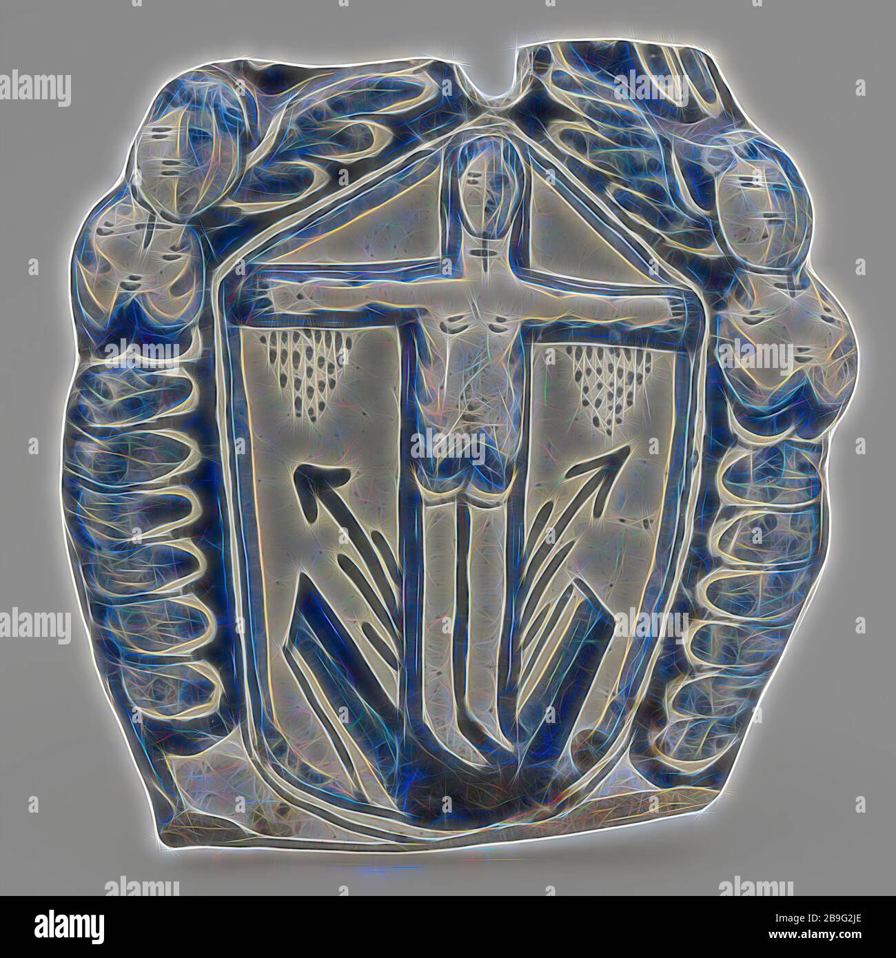 Fragment of the majolica holy water box with an embossed Christ figure ...