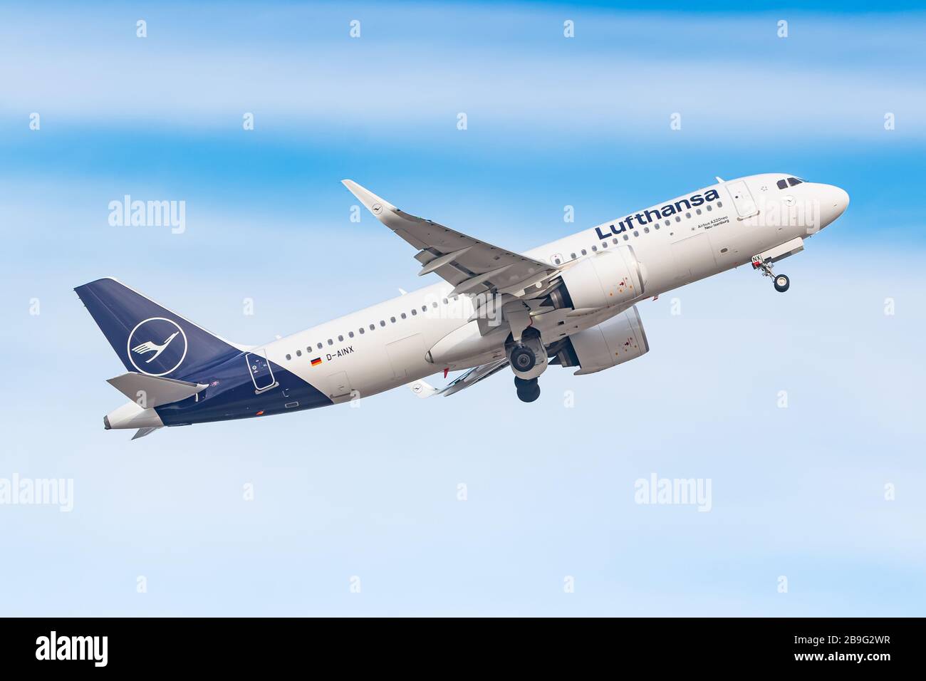 Munich, Germany - February 15, 2020: Lufthansa Airbus A320 Neo airplane at Munich airport (MUC) in Germany. Airbus is an aircraft manufacturer from To Stock Photo