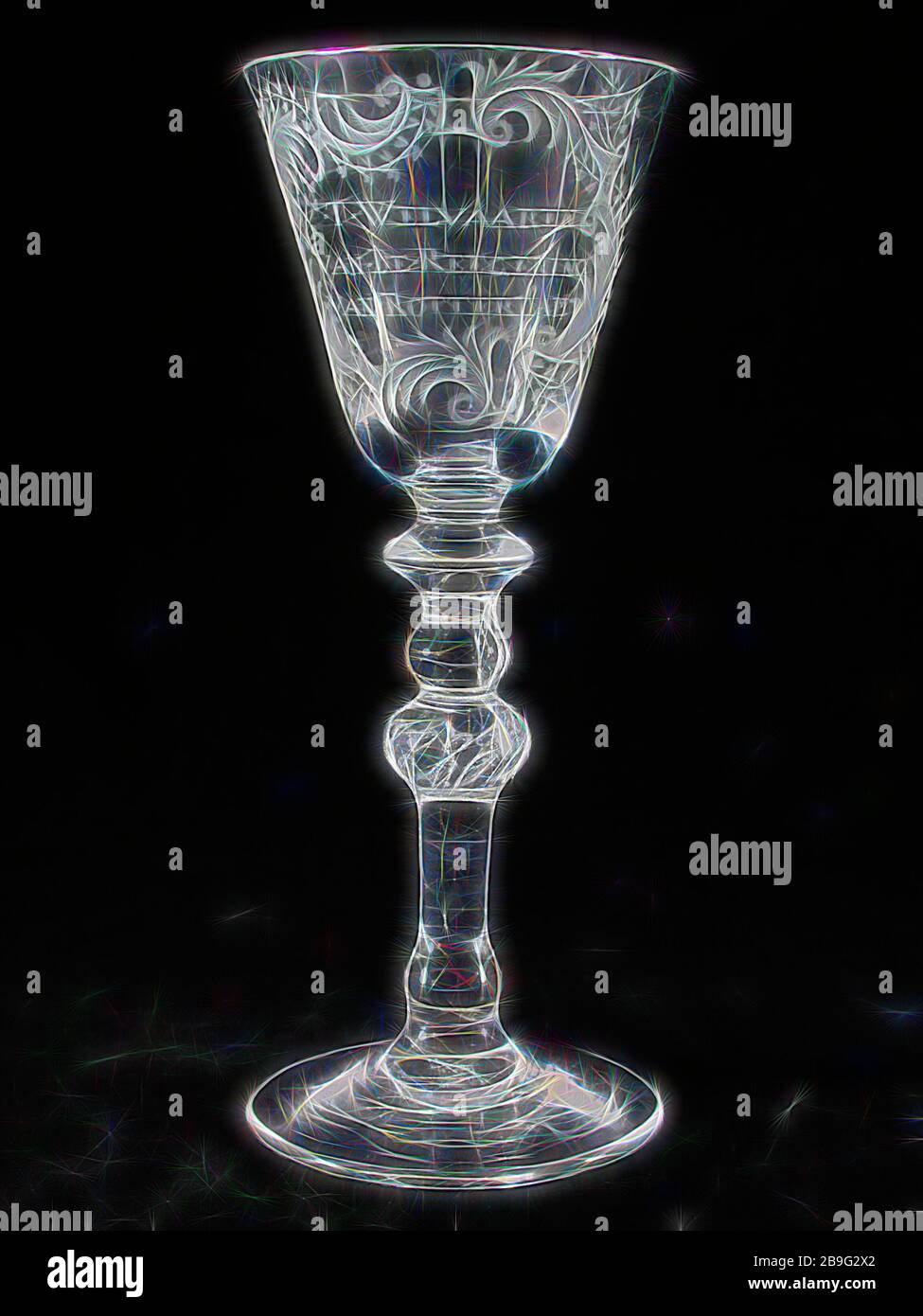 Chalice glass engraved with 'T. Welcoming. The. Reegering of Rotterdam, wine glass drinking glass drinking utensils tableware holder glass glass, gram free blown and formed radgraving, Goblet wineglass in clear colorless glass Pontil mark under round light ascending hollow base From two parts made of solid balustere: bottom part with convex knot to baluster knot with rounded drop-shaped air bubbles; upper part with two stacked buttons lower with eccentric entrapped air bubble Bottom rounded funnel-shaped chalice with fire-rounded edge 'T Welvaaren van. The Reign of Rotterdam Rotterdam Van Nell Stock Photo