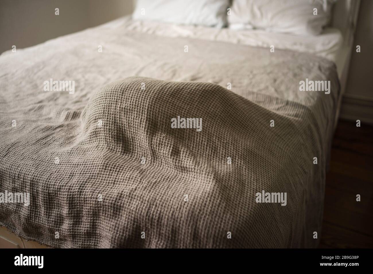 Cat sleeping under blanket on bed Stock Photo