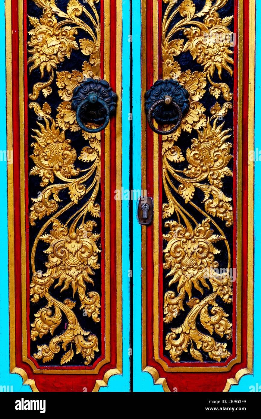 A Beautiful Carved Wooden Door, Bali, Indonesia. Stock Photo