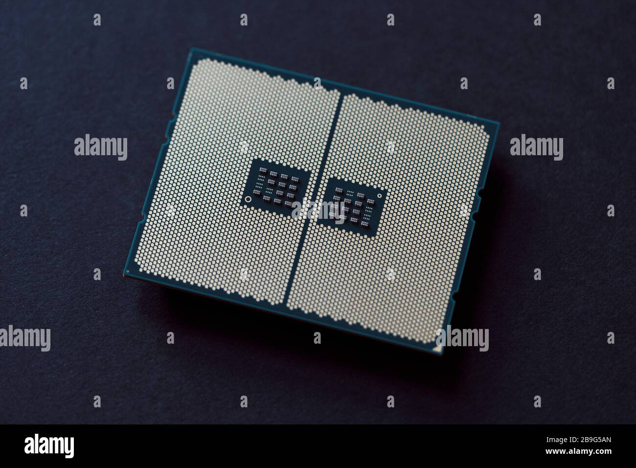 CPU with land grid array on black background Stock Photo
