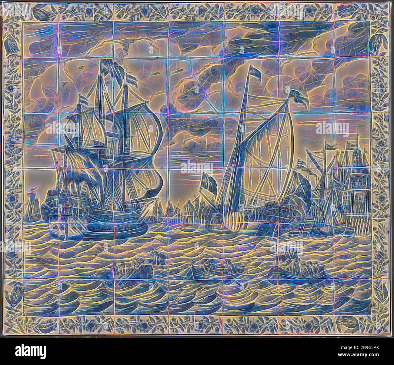 Aalmis sr., Tile panel with the departure in 1688 of Prince William III from Rotterdam to England aplate the Den Briel, tile picture material ceramic earthenware glaze, baked 2x glazed painted Six high seven wide Yellow shard Rotterdam City center Stadsdriehoek Stronghold Boompjes Ooster Oudehoofdpoort Aalmis Aelmis King-stadtholder Prince William III Orange 1688 topography Den Briel Brielle Originating from the corner house Bolwerk on the Maaszijde (pub Stock Photo