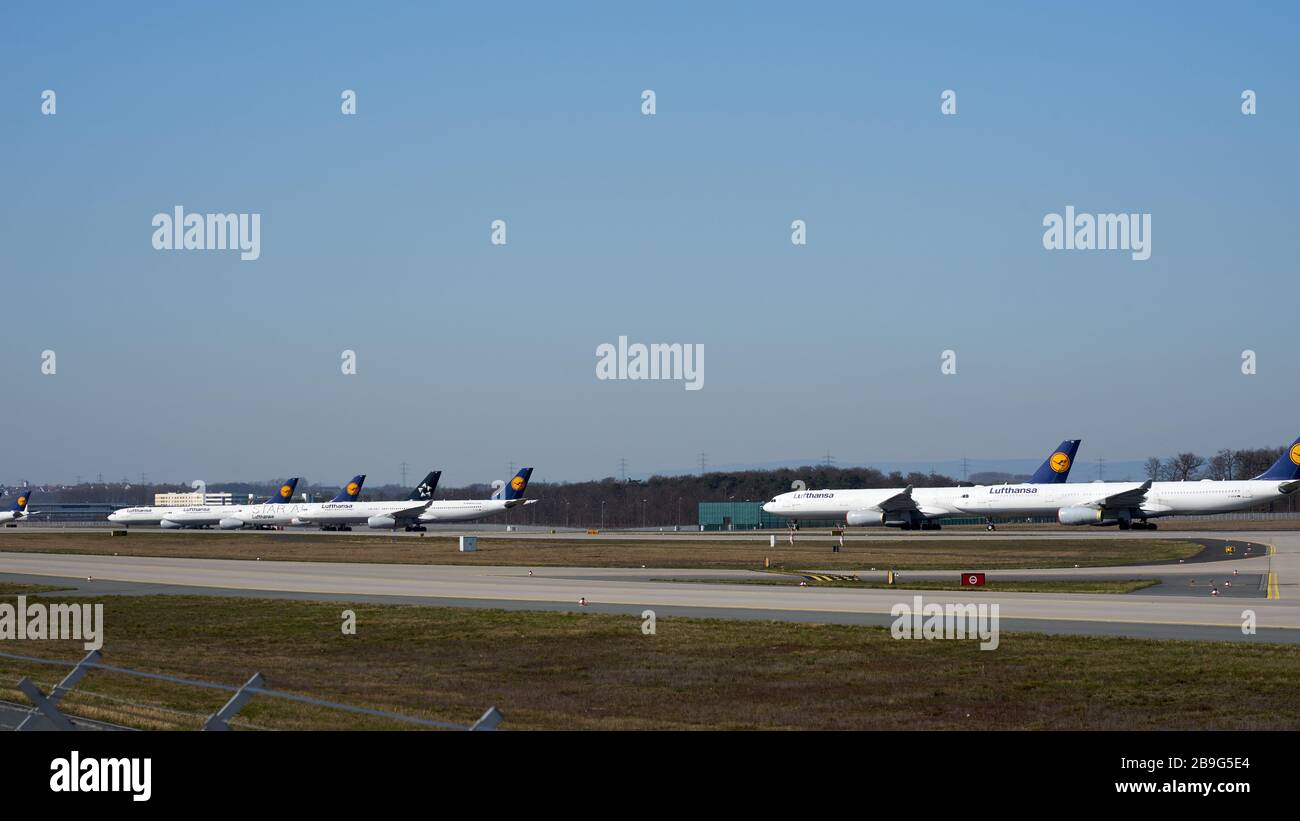 Lufthansa aircraft parked on the north-west runway at Frankfurt Airport in Germany on 24 March 2020 during the corona crisis Stock Photo