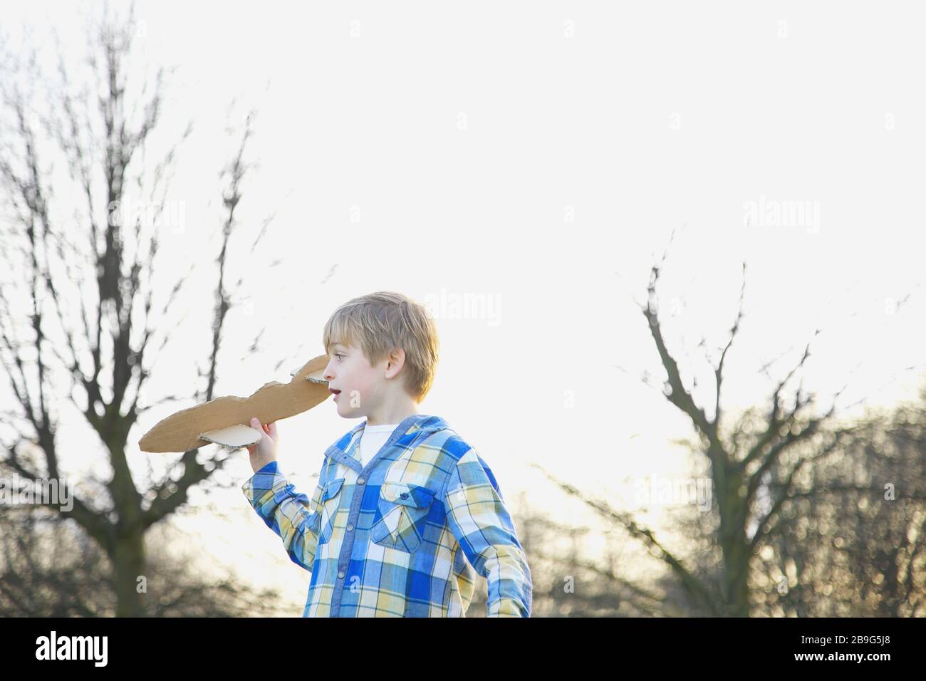 Boy playing with cardboard airplane in park Stock Photo