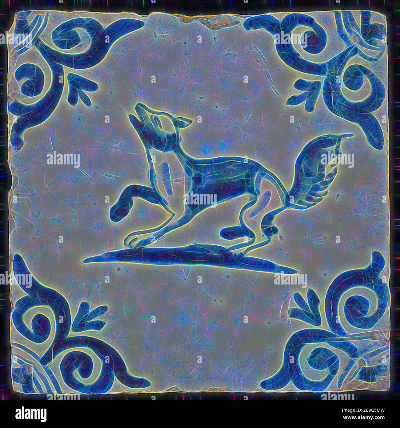 Animal tile, fox on ground, in blue on white, corner motif large ox