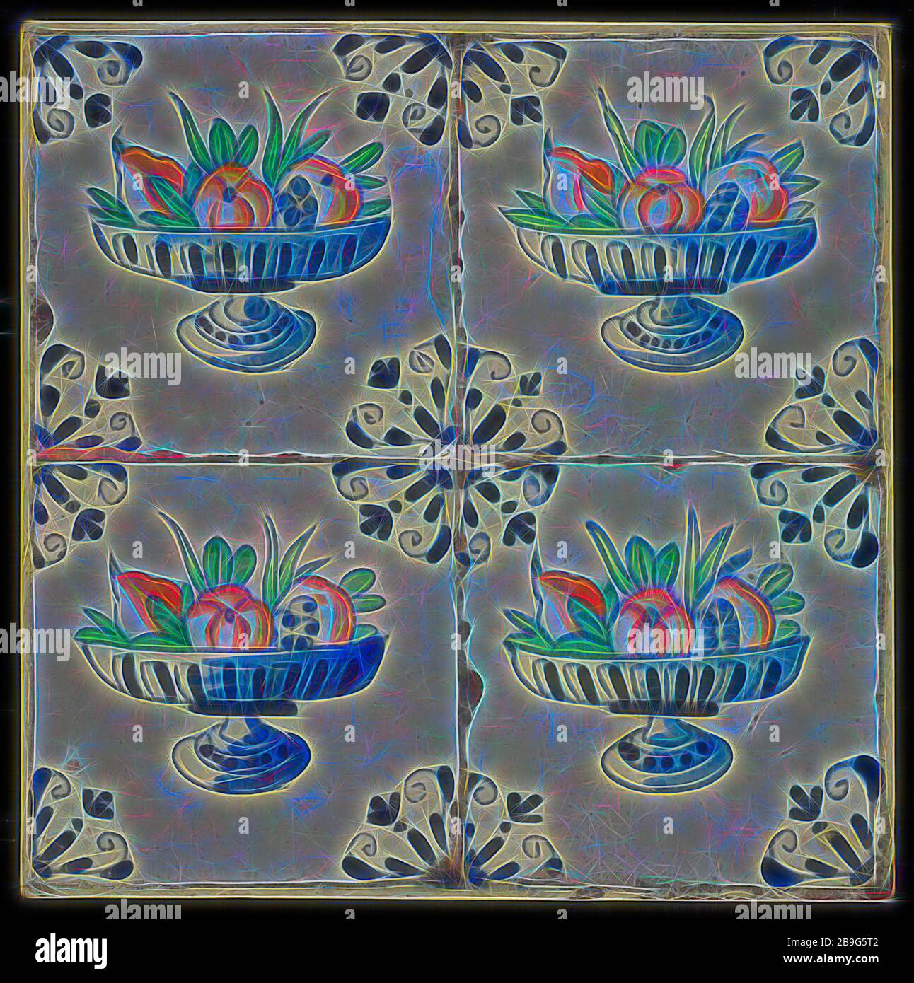 Tile Field Four Tiles Fruit Decor Orange Yellow Green And Blue On White Fruit Bowl On Foot Corner Motif Tiled Field Wall Tile Tile Sculpture Ceramics Pottery Iron Glaze Metal Baked 2x