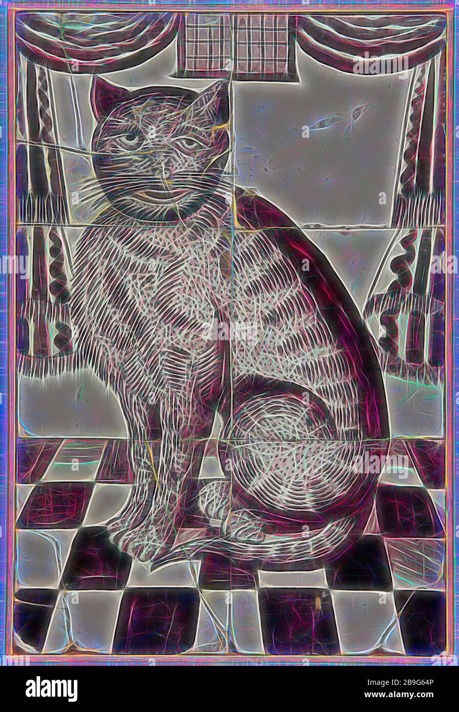 Van der Wolk?, Purple tile tableau, sitting cat facing left, on black and  white checkered floor, looks at the viewer, tile picture material ceramic  earthenware glaze metal, Two wide three high on