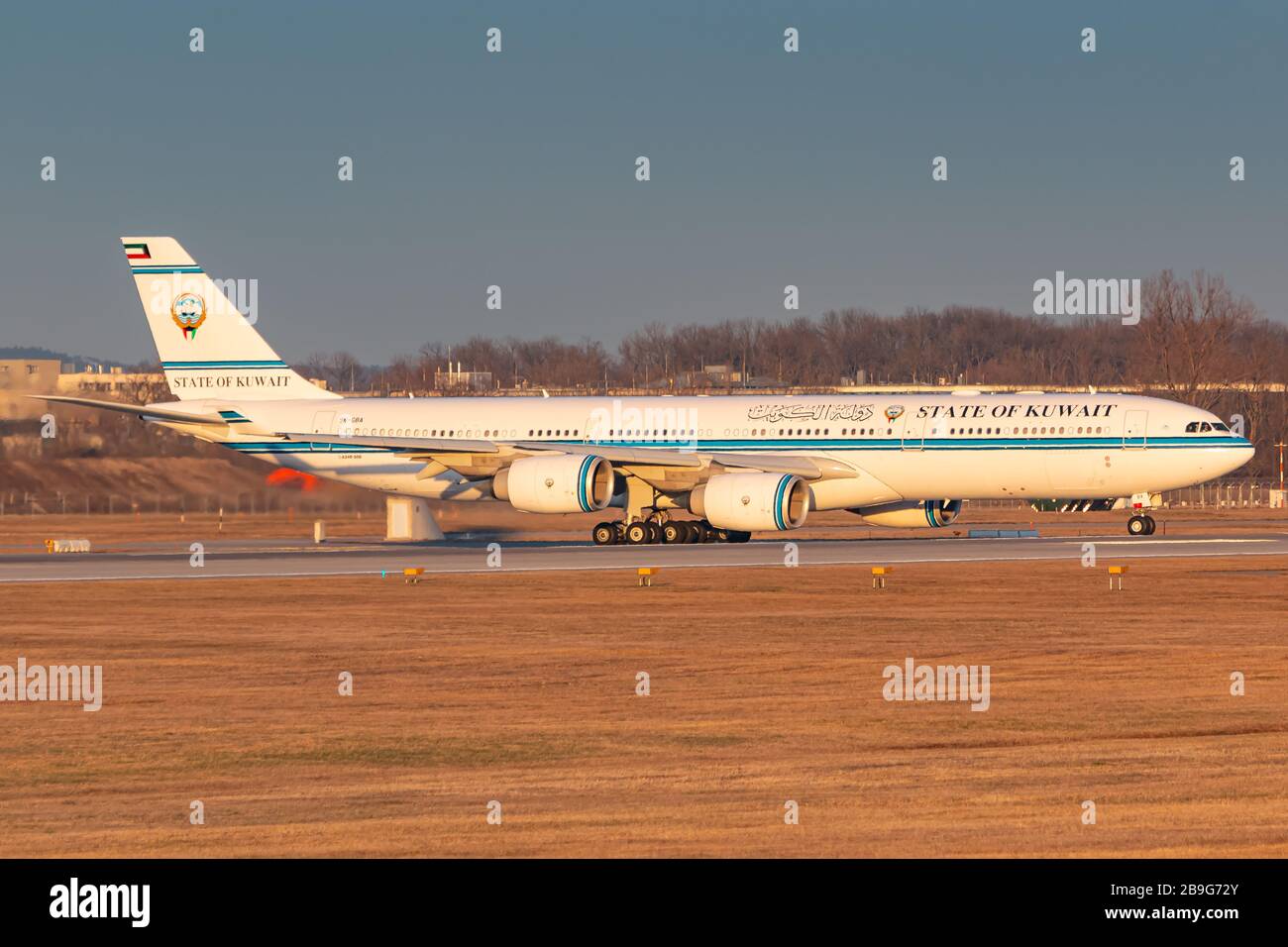 Munich, Germany - February 15, 2020: Kuwait Airways Airbus A340  airplane at Munich airport (MUC) in Germany. Airbus is an aircraft manufacturer from Stock Photo
