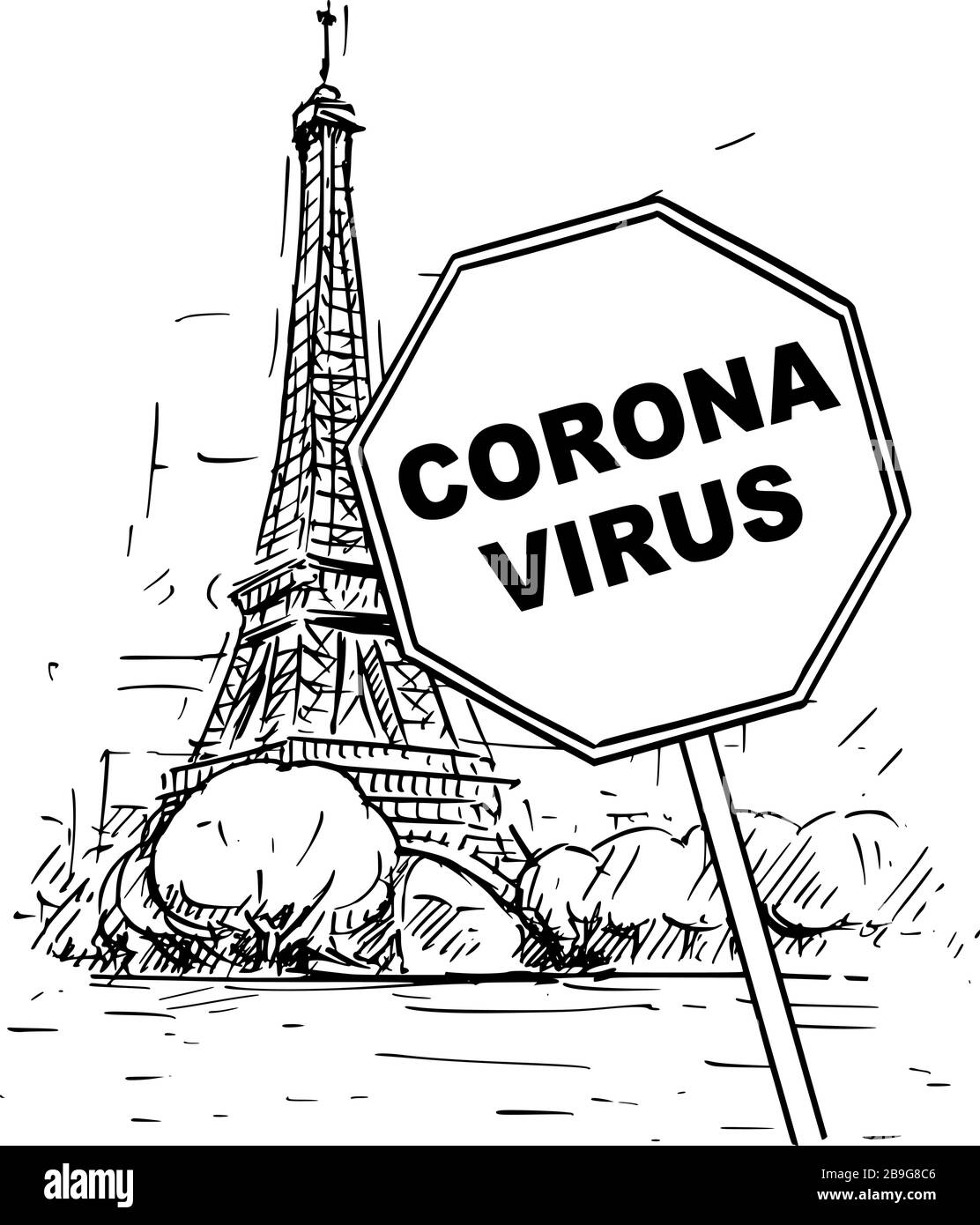Vector cartoon sketchy rough illustration of Paris, France, Eiffel Tower and Coronavirus covid-19 virus epidemic warning sign. Stock Vector