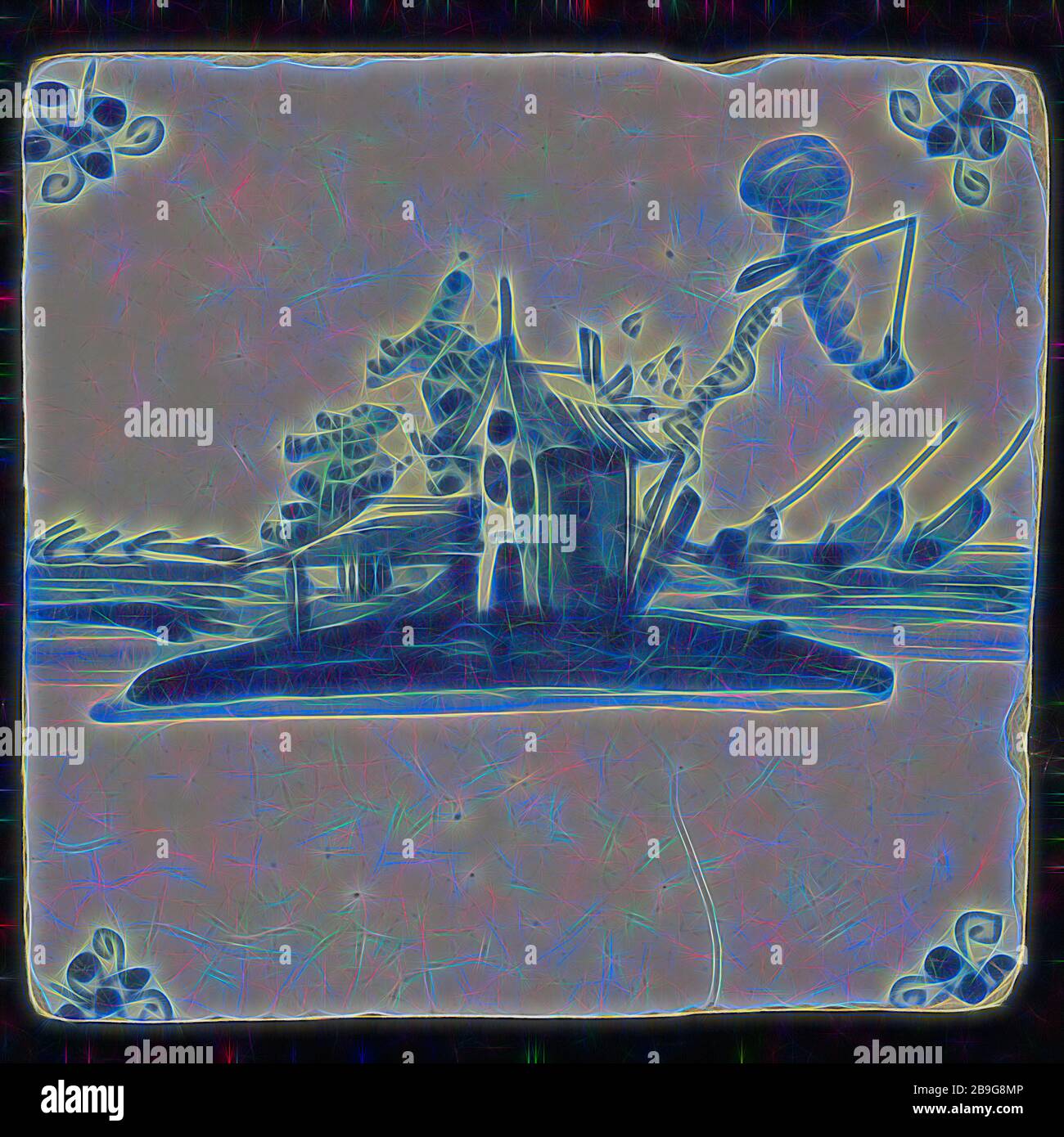 Scene tile, lighthouse and baakwoning, blue decor on white ground, corner fill spider, wall tile tile sculpture ceramic earthenware glaze tin glaze, in form made baked glazed painted baked Wall tile with blue decor on white fond Central view beacon with smoking fire pit next to the bail house On the backside right three sailing ships Dof glaze caused by inferior finish or by cleaning with corrosive acid Yellow shard. Shaved pottery. Corner filling spins Slightly slanted sides. Pastel native pottery Stock Photo