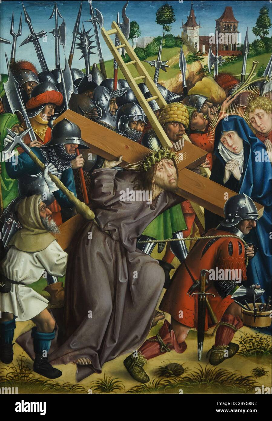 Panel painting 'Christ Carrying the Cross' by the Master of the Karlsruhe Passion (1450-1455) on display in the Staatliche Kunsthalle Karlsruhe (State Art Gallery) in Karlsruhe, Baden-Württemberg, Germany. Stock Photo
