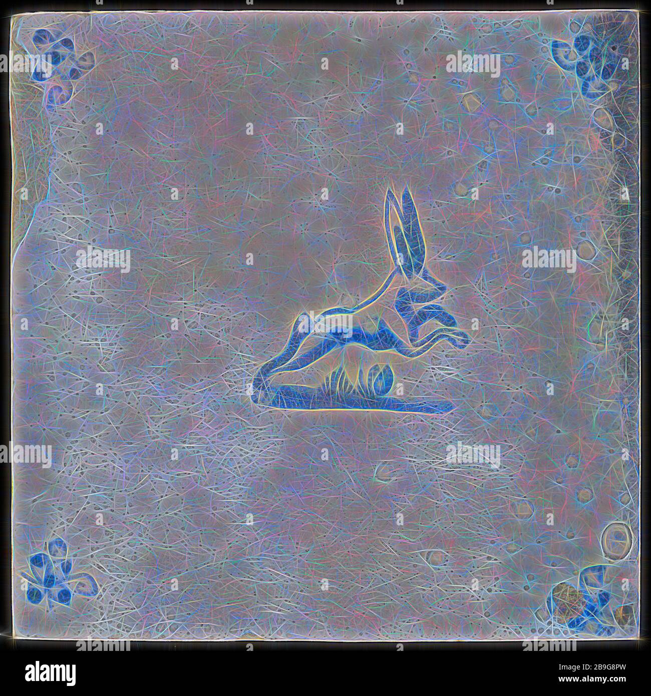Animal tile, jumping rabbit, blue decor on white background, corner ...