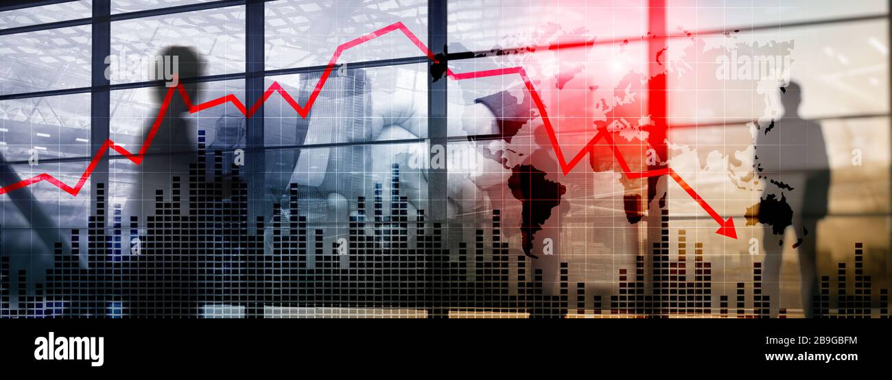 Chart with red down arrow on abstract background. Falling growth in ...