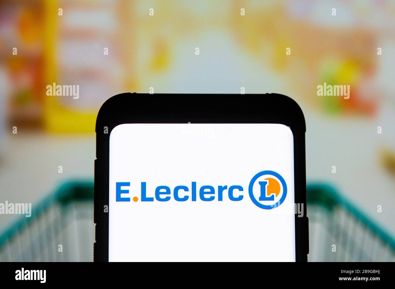 In this photo illustration an E. Leclerc logo seen displayed on a