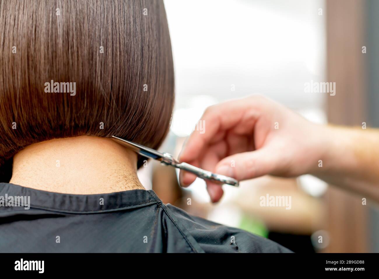 Hairdresser cuts hair tips of short hairstyle of woman back view with copy  space. Toned Stock Photo - Alamy