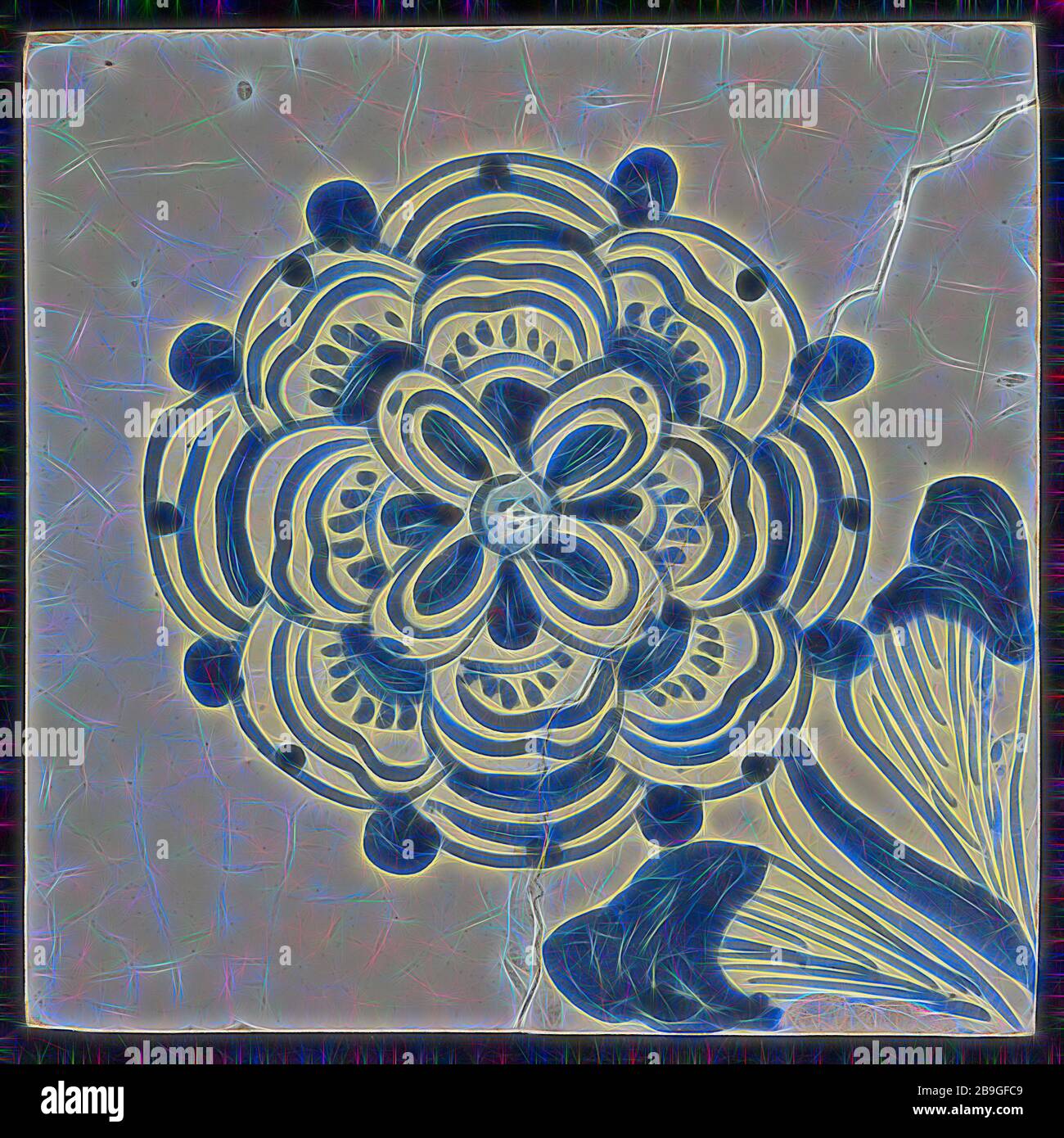 Ornament tile, flower, peony?, wall tile tile sculpture ceramic earthenware glaze, baked 2x glazed painted Bauw on white Stock Photo