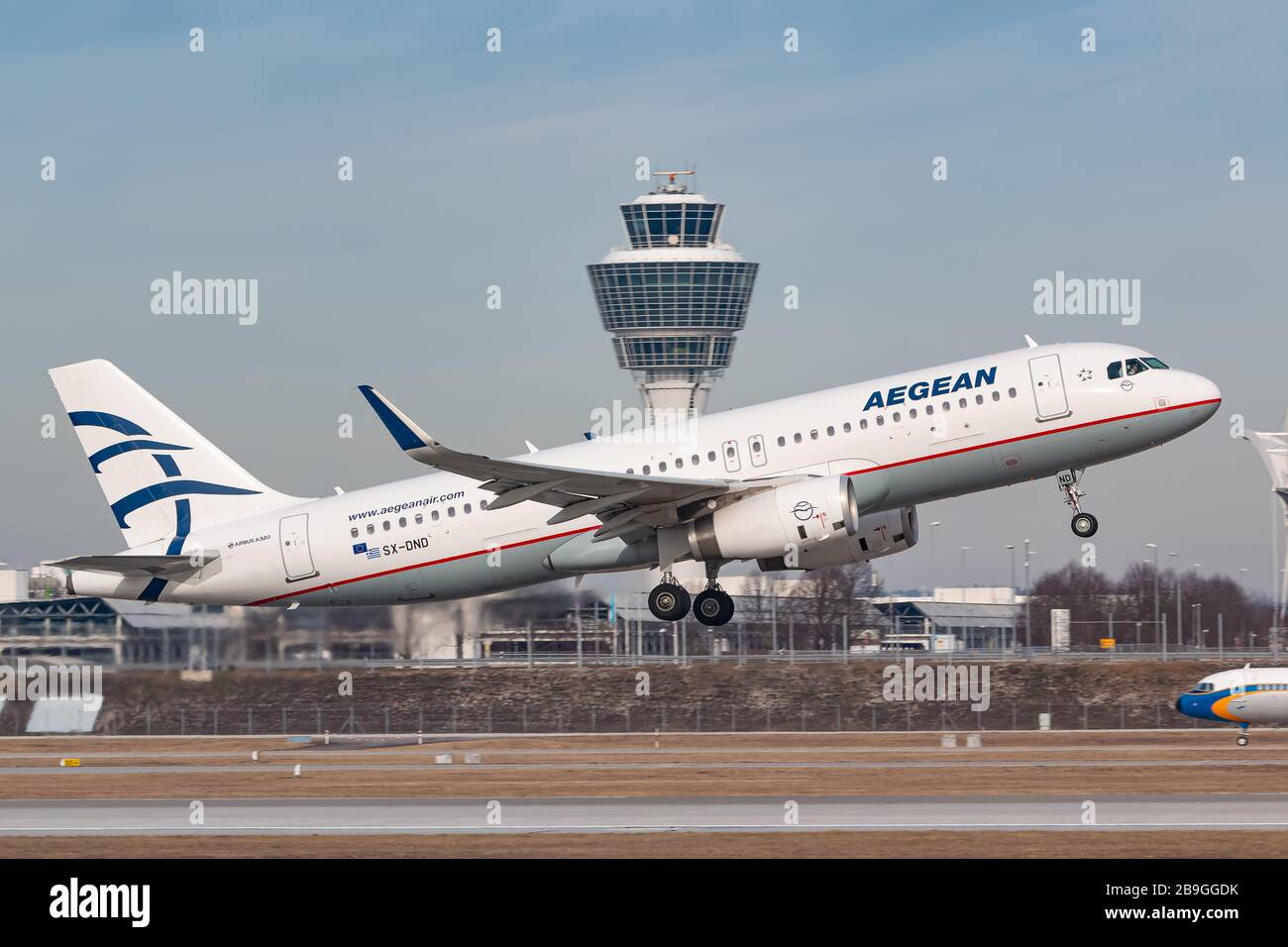 Munich, Germany - February 15, 2020: Aegean Airlines Airbus A320 Neo airplane at Munich airport (MUC) in Germany. Airbus is an aircraft manufacturer f Stock Photo