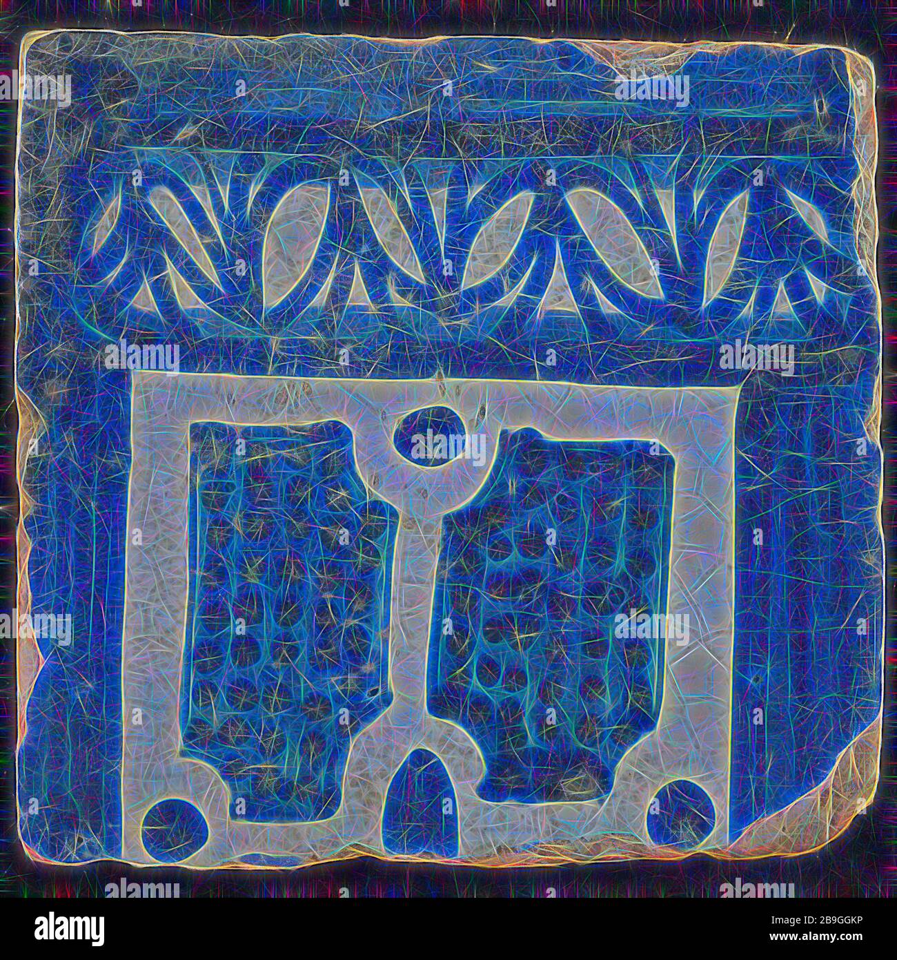 Tile of chimney pilaster, blue on white, bottom of column with basement with leaf motif, compartment with dots, chimney pilaster tile pellet image fragment ceramic earthenware glaze, baked 2x glazed painted Tile part of chimney pilaster originally twelve or thirteen high Rony shard square two nail holes. Blue on white fond. Tile forms part of single-row pilaster in Renaissance style and shows the underside of column with division with dark blue dots on the blue background. on Rotterdam in May 1940 Stock Photo